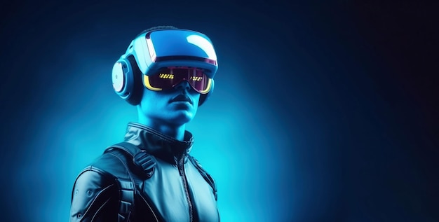 Realistyczny portret mężczyzny w neonowym świetle, noszącego cyberpunkowy zestaw słuchawkowy i cyberpunkowy sprzęt Zaawansowany technologicznie futurystyczny mężczyzna z przyszłości Koncepcja wirtualnej rzeczywistości i cyberpunka Generatywna sztuczna inteligencja
