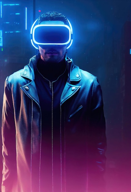 Realistyczny portret mężczyzny w neonowym świetle, ubrany w cyberpunkowy zestaw słuchawkowy i cyberpunkowy sprzęt.