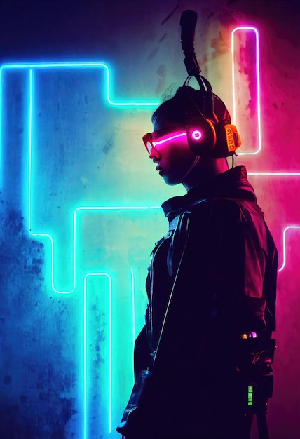 Realistyczny portret mężczyzny w neonowym świetle, ubrany w cyberpunkowy zestaw słuchawkowy i cyberpunkowy sprzęt