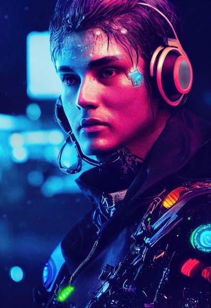 Realistyczny portret mężczyzny w neonowym świetle, ubrany w cyberpunkowy zestaw słuchawkowy i cyberpunkowy sprzęt