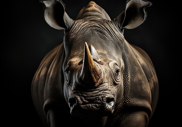 Realistyczny portret nosorożca na ciemnym tle generowany przez sztuczną inteligencję
