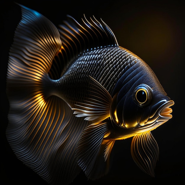Realistyczny portret ryby pod reflektorem w ciemnym pokoju na czarnym tle