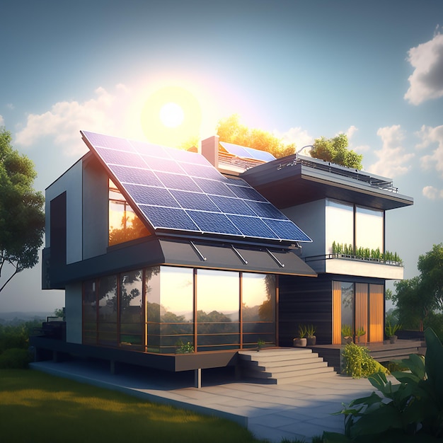 Realistyczny projekt budynku mieszkalnego z dachem z paneli słonecznych Wizja czystej i wydajnej przyszłości