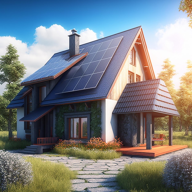 Realistyczny projekt budynku mieszkalnego z dachem z paneli słonecznych Wizja czystej i wydajnej przyszłości