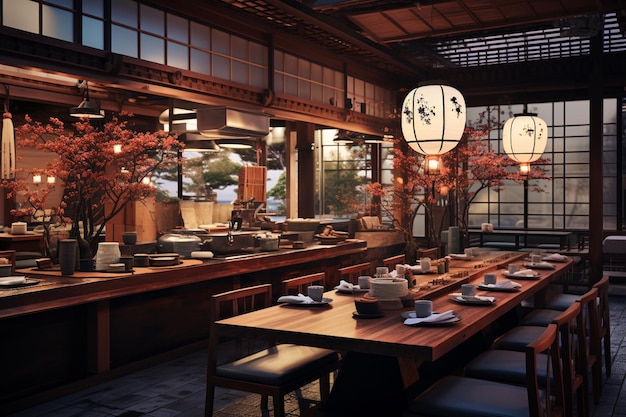 Zdjęcie realistyczny projekt wnętrz nowoczesnej japońskiej restauracji stworzony przy użyciu generatywnej sztucznej inteligencji