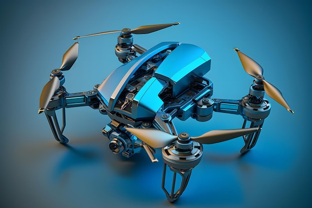 Realistyczny quadrocopter bezzałogowy z wentylatorami śmigłowymi na świecącym niebieskim tle Neural network generowana sztuka