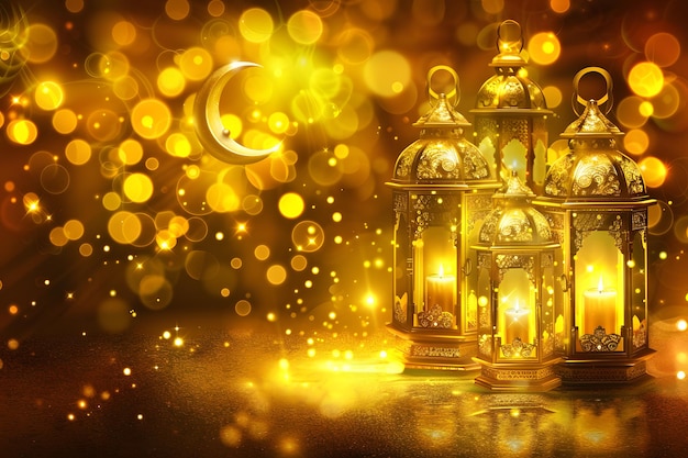 Realistyczny ramadan kareem z latarnią i półksiężycem w błyszczącym złotym kolorze