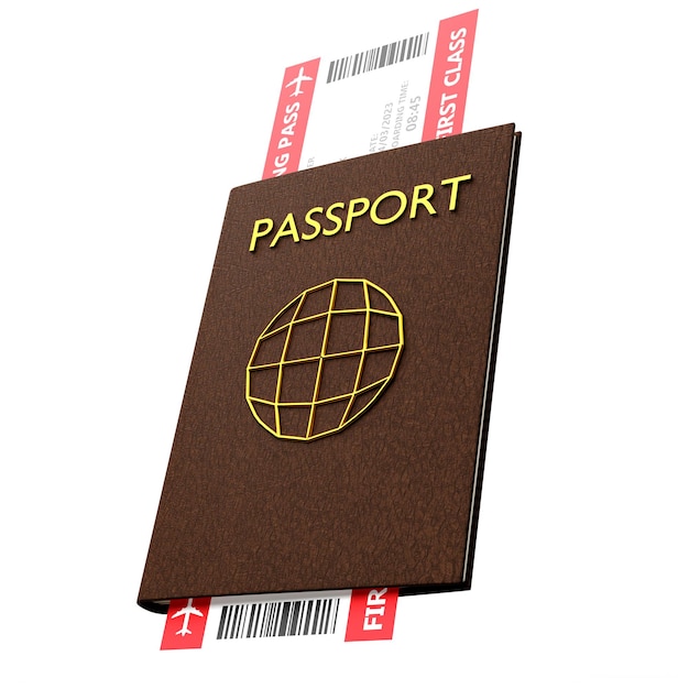 Realistyczny render paszportu i biletu z skórzaną okładką na białym tle
