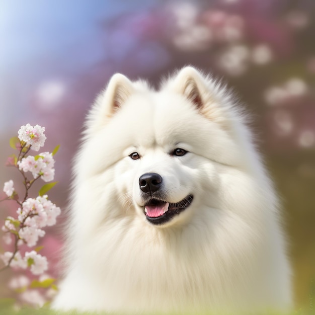 Realistyczny samoyed na zachwycającym naturalnym tle zewnętrznym