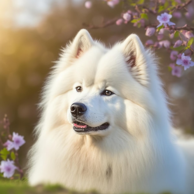 Realistyczny samoyed na zachwycającym naturalnym tle zewnętrznym