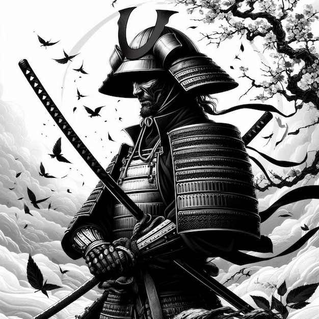 Zdjęcie realistyczny samuraj z ilustracją tła czarno-biała ilustracja samuraja