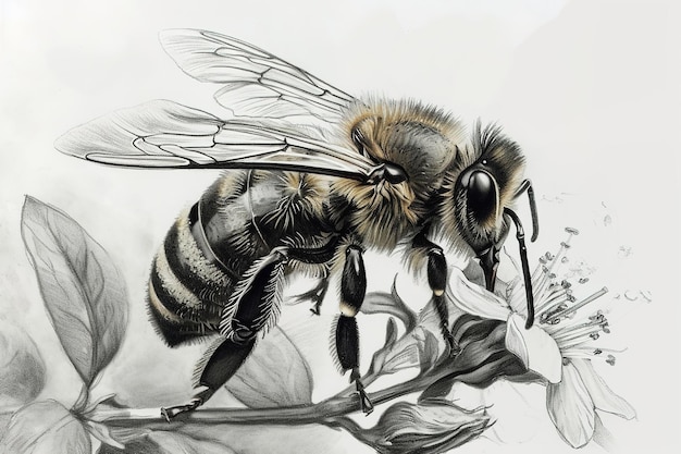 Zdjęcie realistyczny szkic ołówkiem pszczoły na ilustracji owadów kwiatowych