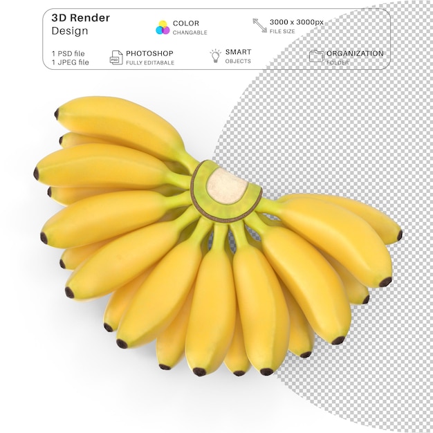 Realistyczny żółty klasztor bananów 3D model żywy plik PSD do wyświetlania żywności