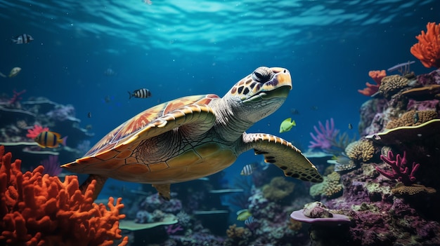 Realistyczny żółw morski w akwarium z koralowym tłem