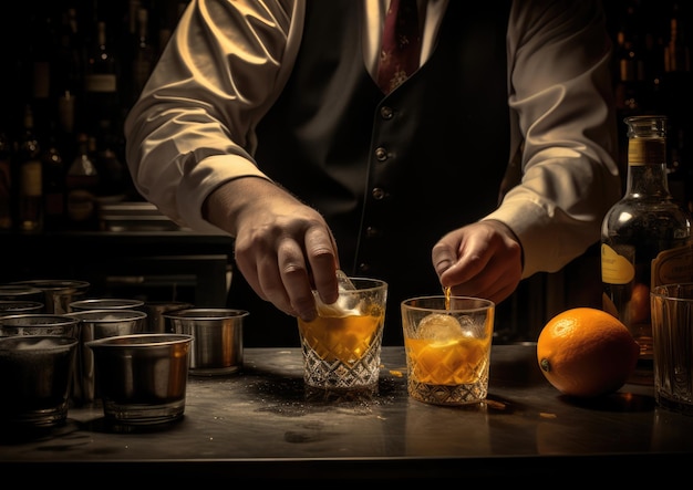 Ręce barmana pomysłowo przygotowują koktajl Whiskey Smash, koncentrując się na składnikach napoju