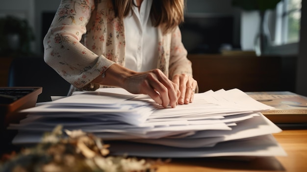 Zdjęcie ręce bizneswoman pracujące w stosach plików papierowych do wyszukiwania informacji na biurku w biurach raportów biznesowych