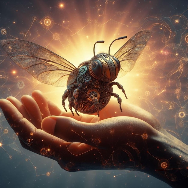 ręce chroń opiekę pszczoła steampunkowa ważny element ekologii, ocal planetę przed zmianami klimatycznymi