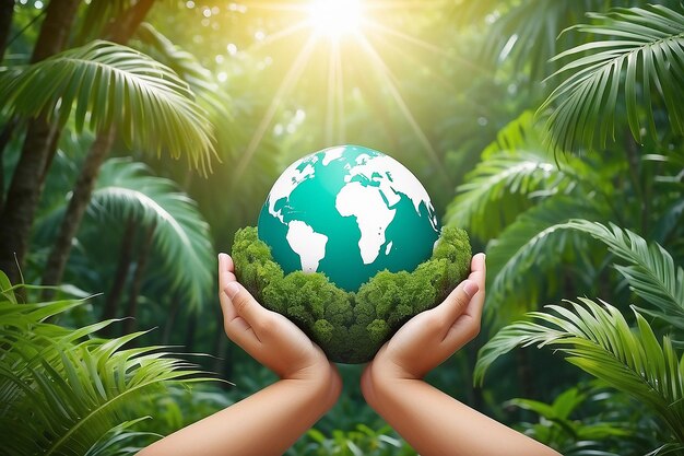 Ręce chroniące glob zielonego drzewa na tropikalnej naturze latem tło Ekologia i środowisko co.