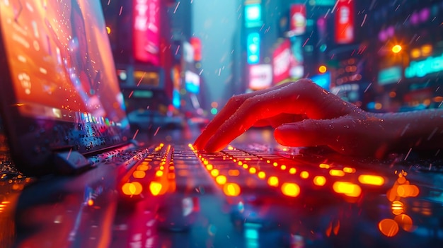 Ręce człowieka piszącego na laptopie w mieście w nocy