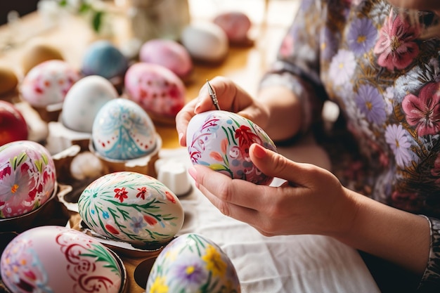 Ręce delikatnie malują jaja wielkanocne za pomocą materiałów artystycznych
