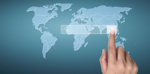 Ręce Dotykają Interfejsu Ekranu Przycisku Globalne Połączenie Wymiany Danych Sieci Klienta