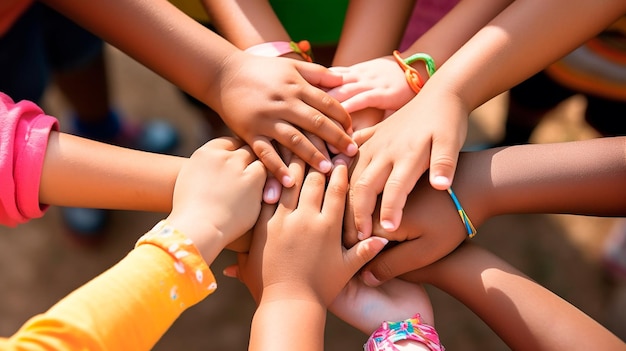 Ręce dzieci razem w kręgu koncepcja przyjaźni związkowej, solidarności, pokoju Generative AI