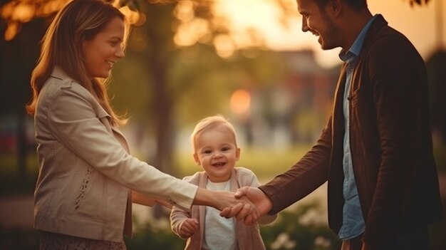 Zdjęcie ręce dziecka są w generacyjnej ai rodziców radosnej rodziny w parku w letni wieczór