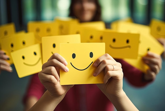 ręce dziecka trzymające żółte kartki z uśmiechniętymi buźkami w stylu wrażliwości emocjonalnej