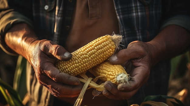 Ręce farmerów trzymających kukurydzę w bliskiej odległości Generative Ai