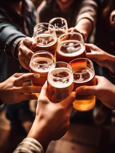 Ręce grupy ludzi podnoszących toast z kieliszkami piwa