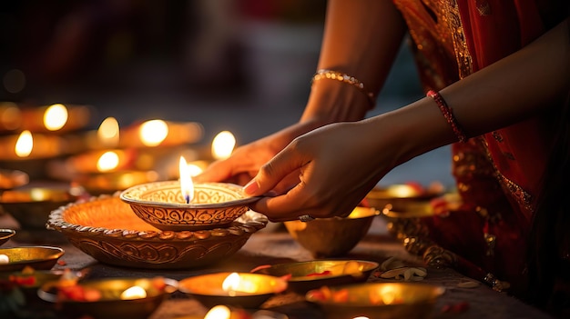 Ręce indyjskiej kobiety zapalającej świecę podczas festiwalu Diwali Generacyjna AI