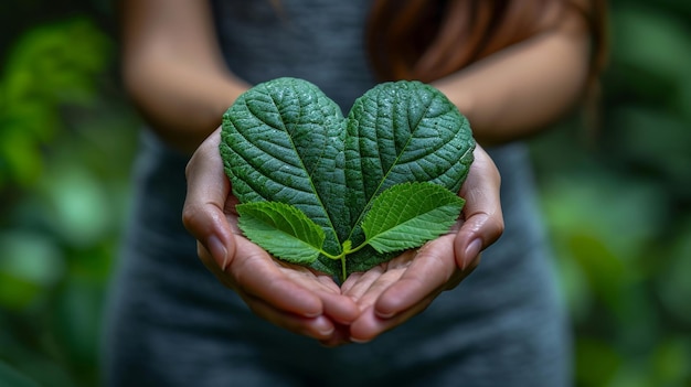 Zdjęcie ręce kobiet trzymające zielony liść w kształcie serca na tle przyrody generatywna sztuczna inteligencja