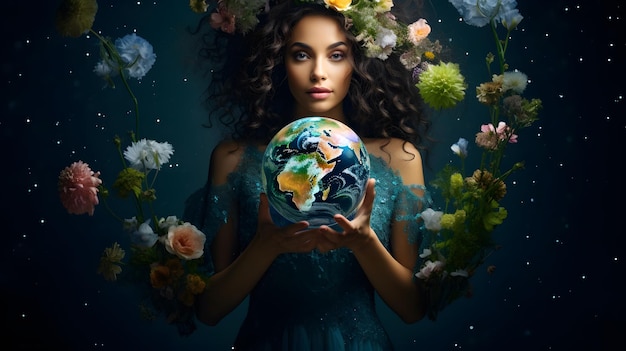 Ręce kobiet trzymające Ziemię ratują planetę Koncepcja Dnia Ziemi