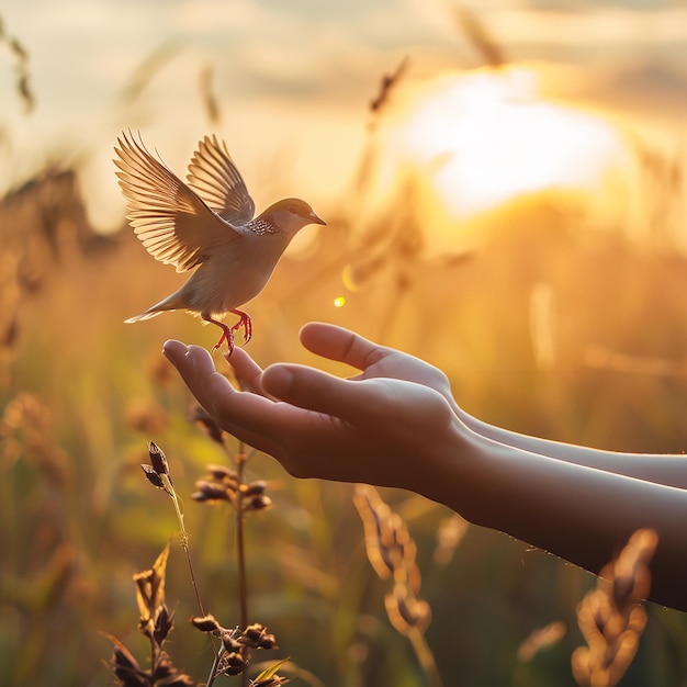 Ręce kobiety modlące się i wolny ptak cieszący się naturą Ai generatywny
