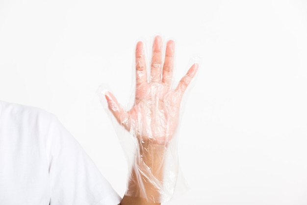 Ręce Kobiety Noszącej Jednorazowe Rękawice Chronią Jednorazowe Przezroczyste Plastikowe Rękawiczki