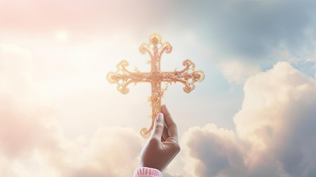 ręce kobiety trzymające krzyż na niebie w stylu jasnobrązowym