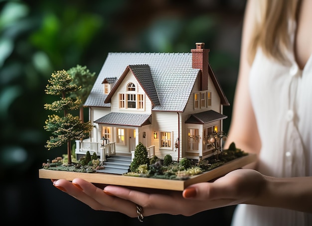 Zdjęcie ręce kobiety trzymające mały miniaturowy domek z zabawkami ubezpieczenie majątkowe marzenie o przeprowadzce koncepcji domu