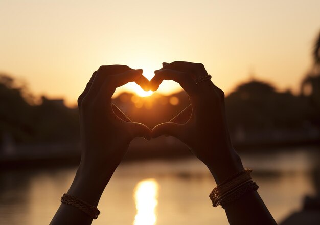 Ręce kobiety tworzą serce w kształcie serca na słońcu w stylu romantycznych krajobrazów rzek