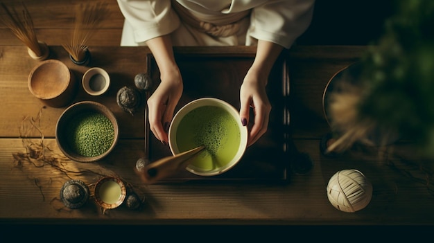 Zdjęcie ręce kobiety w misce z herbatą matcha i liśćmi herbaty na drewnianym stole