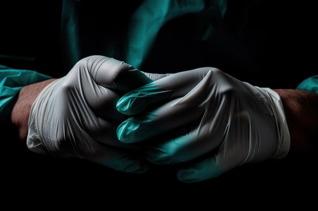 Zdjęcie ręce lekarza w rękawiczkach, produkcja gumowych rękawiczek, ludzka ręka nosi rękawiczki lateksowe.