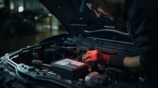 Ręce mechanika pracujące w pojazdach elektrycznych. Generatywna sztuczna inteligencja.