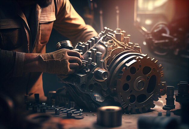 Zdjęcie ręce mechanika samochodowego naprawiające silnik samochodowy warsztat samochodowy z kluczem do samochodu