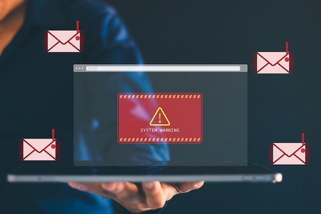 Ręce mężczyzn wyświetlają niebezpieczne ikony e-mail wysyłają spam za pośrednictwem Internetu i hakerów