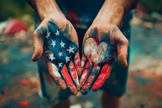 Ręce mężczyzny pomalowane jak amerykańska flaga