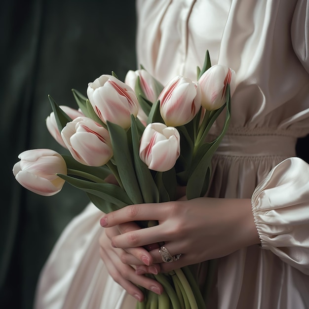 ręce młodej kobiety trzymającej białe tulipany