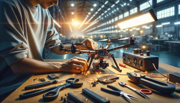 Ręce naprawiające, zbierające części, dron we wnętrzu fabryki, nowe technologie.