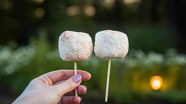 Ręce pieczące marshmallows na patyku nad wieczornym ogniem tworząc przytulną i nostalgiczną atmosferę