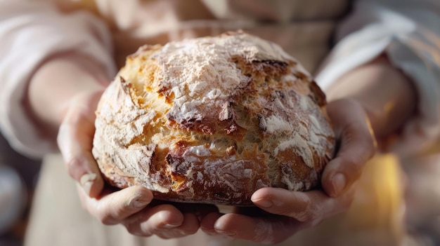 Zdjęcie ręce piekarza trzymające ręcznie wykonany chleb