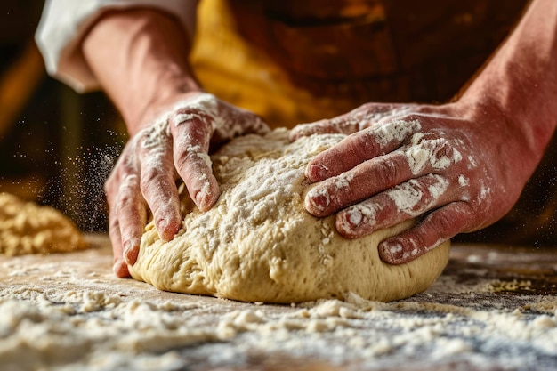 Ręce piekarzy mieszające ciasto z bliska z wykwalifikowanymi rękami mieszającymi miękkie i elastyczne ciasto do chleba