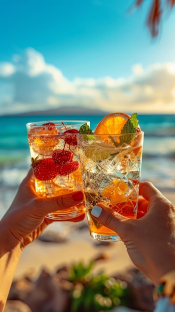 Ręce podnoszące toasty z kolorowymi napojami w letni dzień na świeżym powietrzu Generatywna sztuczna inteligencja